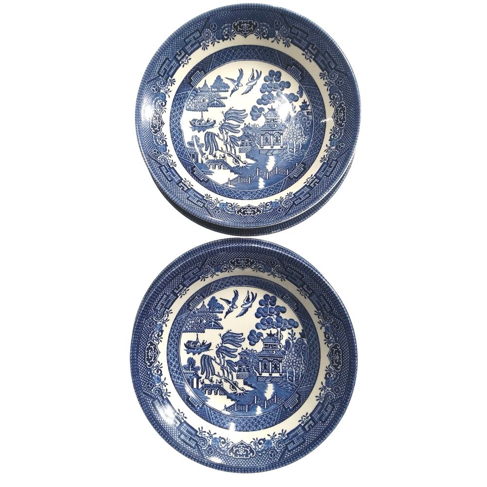 Vtg Churchill Blue Willow plate bowls set of 2 Staffordshire England china 8”